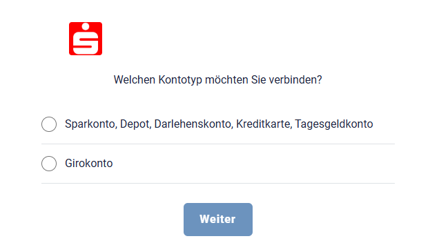 Hier sehen Sie im Prozess der Bankenanbindung über Qwist in BuchhaltungsButler die Auswahlmöglichkeit für unterschiedliche Kontentypen.