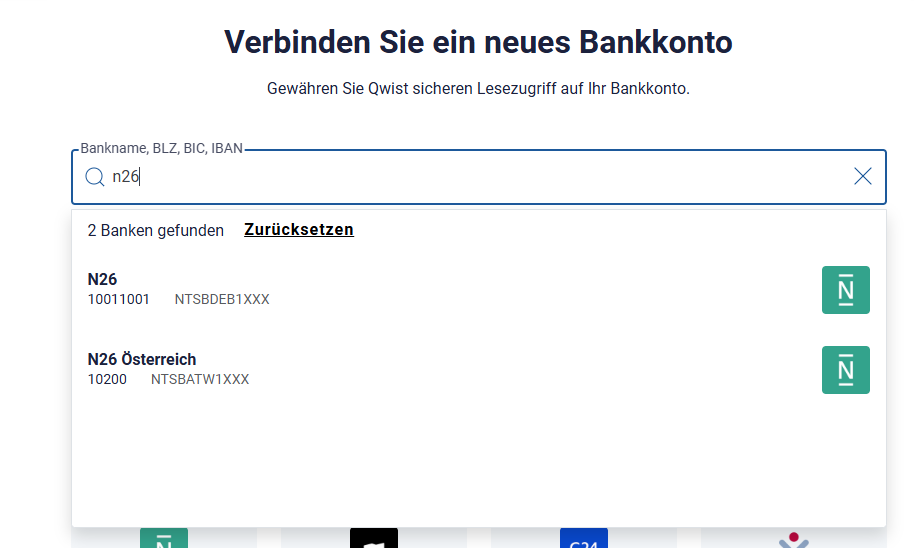 Hier sehen Sie im Prozess der Bankenanbindung über Qwist in BuchhaltungsButler das Fenster mit dem Suchfeld und der Liste der Banken