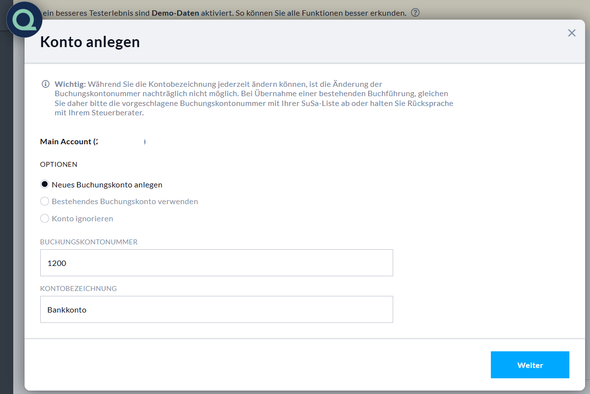 Hier sehen Sie im Prozess der Bankenanbindung über Qwist in BuchhaltungsButler das Fenster wo Sie die Buchungskontonummer für das entsprechende Bankkonto festlegen können.