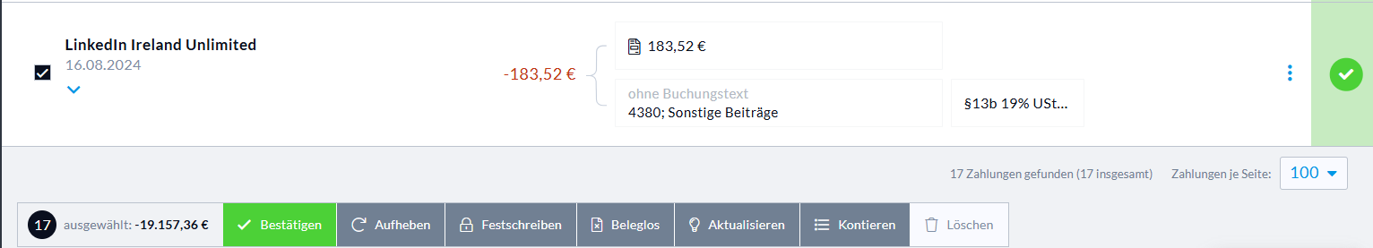 Sammelfunktion im Bereich der Zahlungen