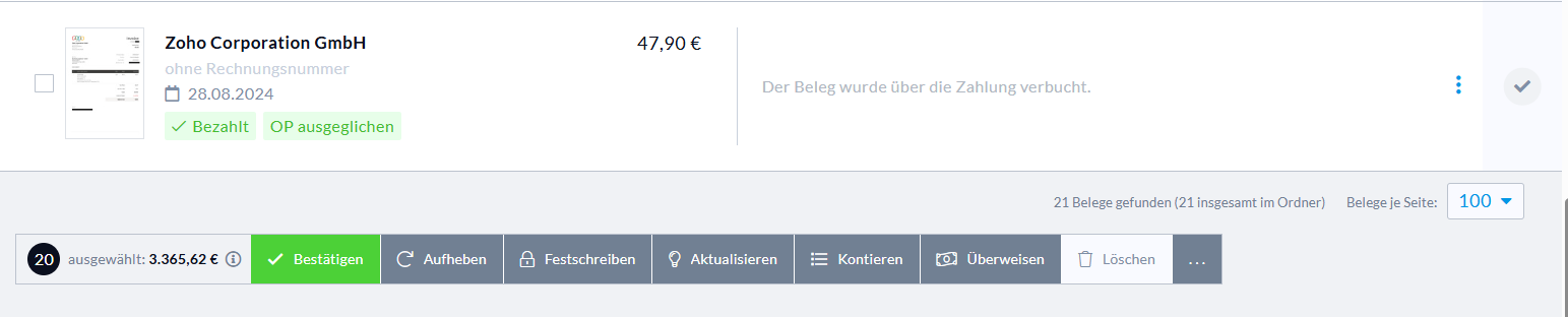 Sammelfunktion im Bereich der Belege