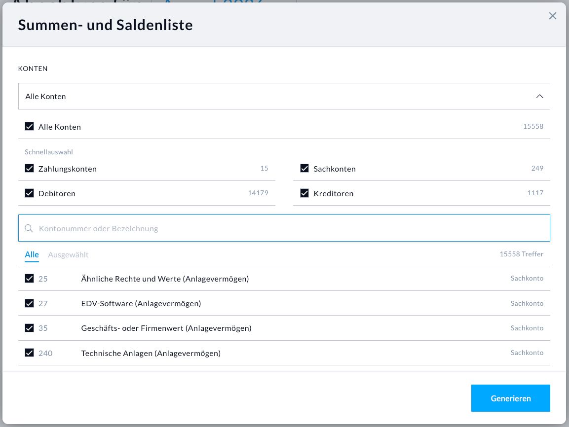 Kontoauswahl mit Suchfeld, Schnellauswahl-Kategorien (Zahlungskonten, Sachkonten, Debitoren, Kreditoren) und Checkbox-Liste der Buchungskonten