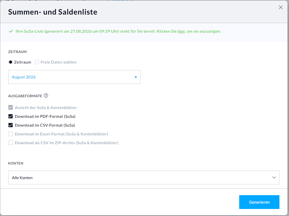 Pop-Up der Summen- und Saldenliste mit Auswahlmöglichkeit des Zeitraums, und der Ausgabeformate (Ansicht, Download pdf, Download CSV, Download im Excel-Format (SuSa & Kontenblätter), Download als CSV im ZIP-Archiv /SuSa & Kontenblätter)
